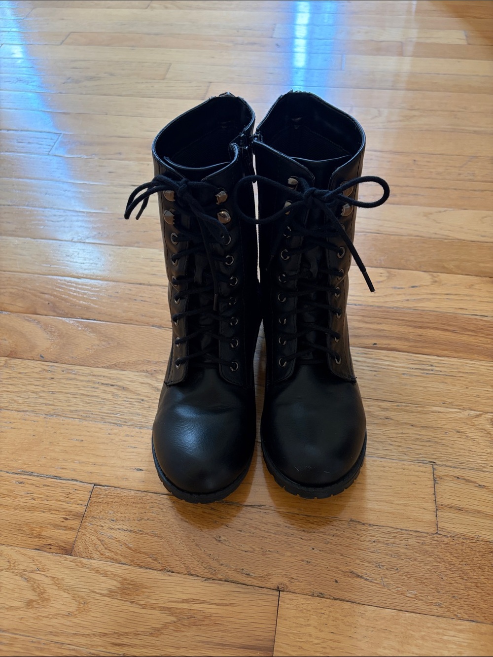 Women's Black Lace-Up Combat Boots with Side Zipper